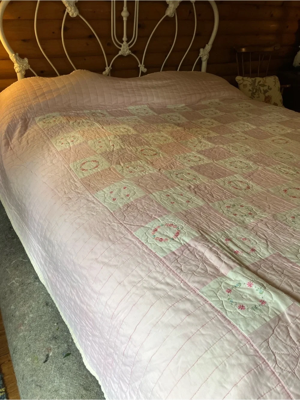 Hand sewn embroidered vintage quilt size full / queen